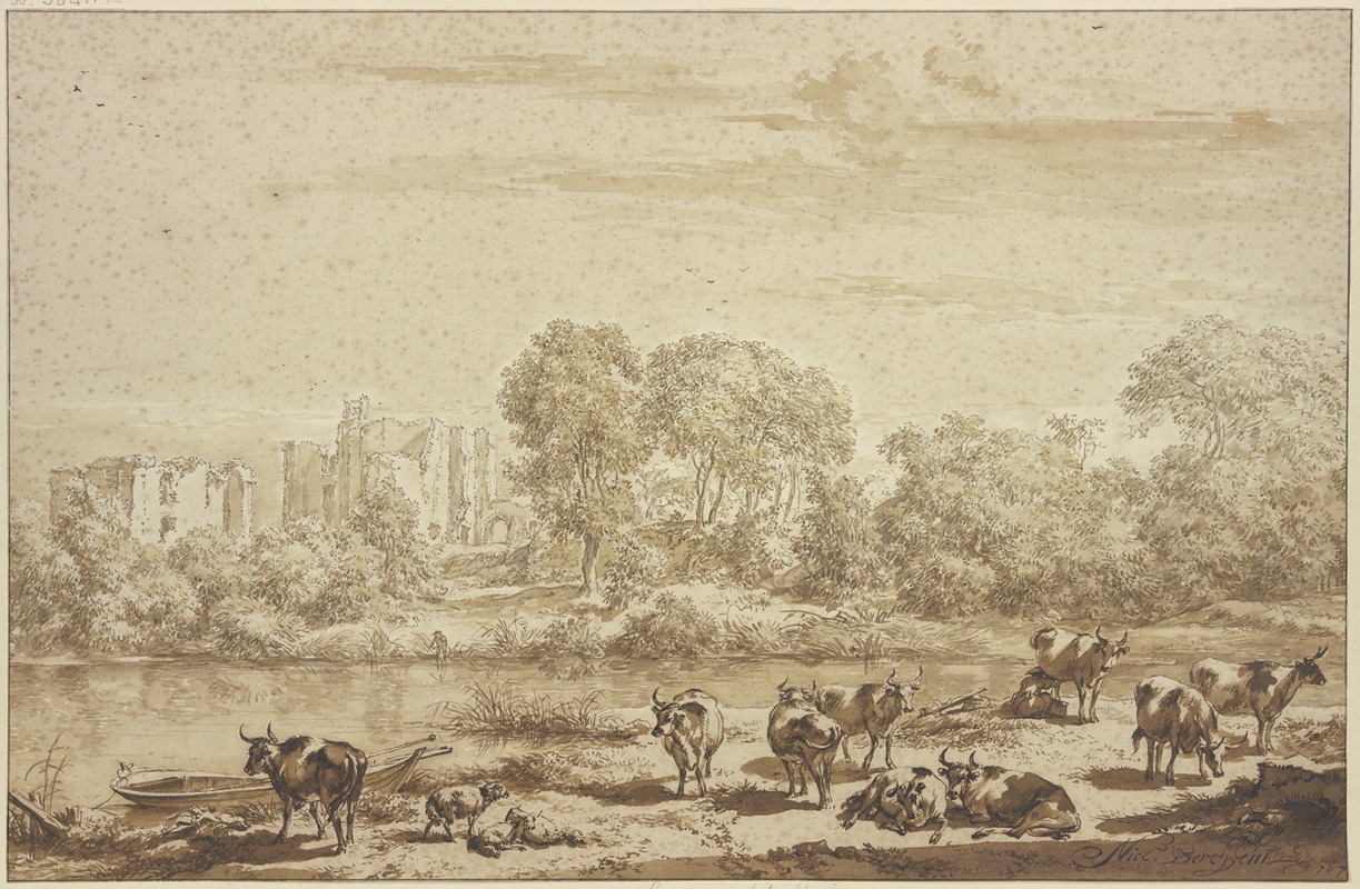 Nicolaes Pietersz. Berchem - t’Huys te Brederode, vorn eine Kuhherde mit einer Melkerin