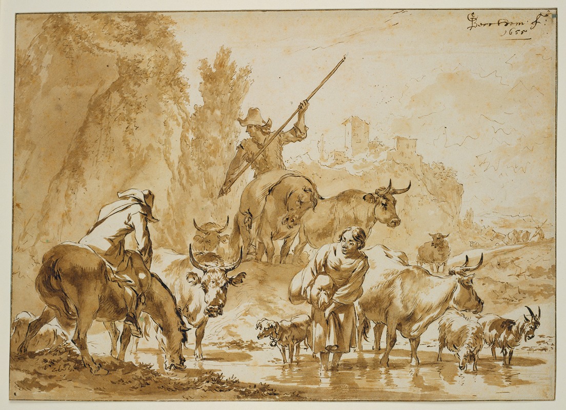 Nicolaes Pietersz. Berchem - Zwei Hirten zu Pferde treiben Vieh durchs Wasser, die Hirtin mit einem Sack wartet hindurch