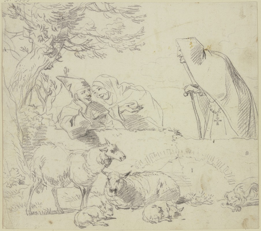 Nicolaes Pietersz. Berchem - Zwei Nonnen bei einem Hirten, dabei zwei alte und zwei junge Schafe und ein Hund