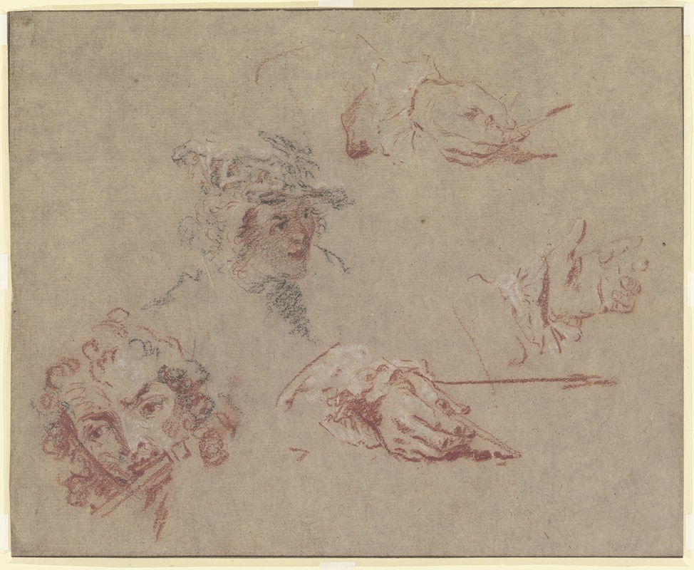 Nicolas Lancret - Kopf eines Flötisten, Kopf eines jungen Mannes mit flachem Barett, drei Hände, zwei Zeichenstift und Zirkel haltend