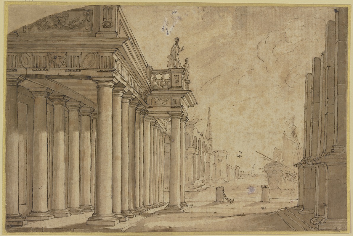 Ottavio Viviani - Seehafen, links eine Säulenhalle