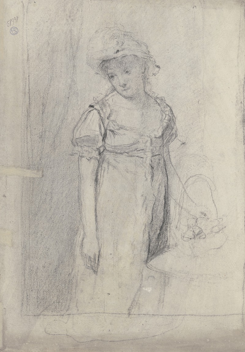 Otto Scholderer - Junge Dame mit Hut und Blumenkorb, an einem Tisch stehend