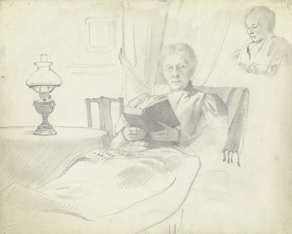 Otto Scholderer - Luise Scholderer lesend mit Tisch und Lampe, Brustbild einer weiblichen Figur im Hintergrund