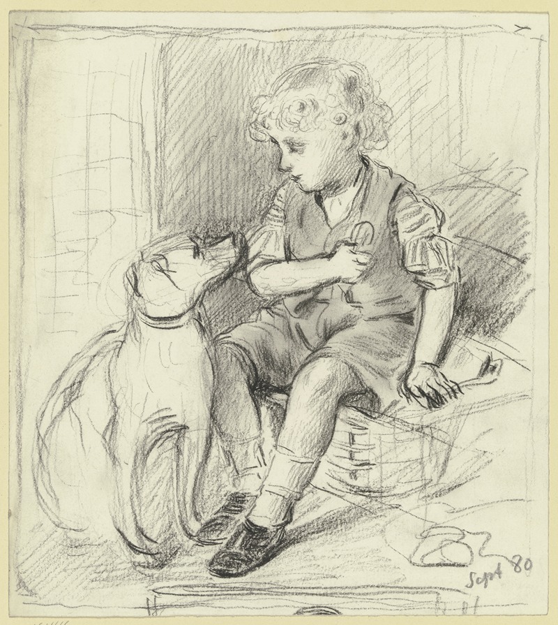 Otto Scholderer - Sitzender Knabe mit sitzendem Hund