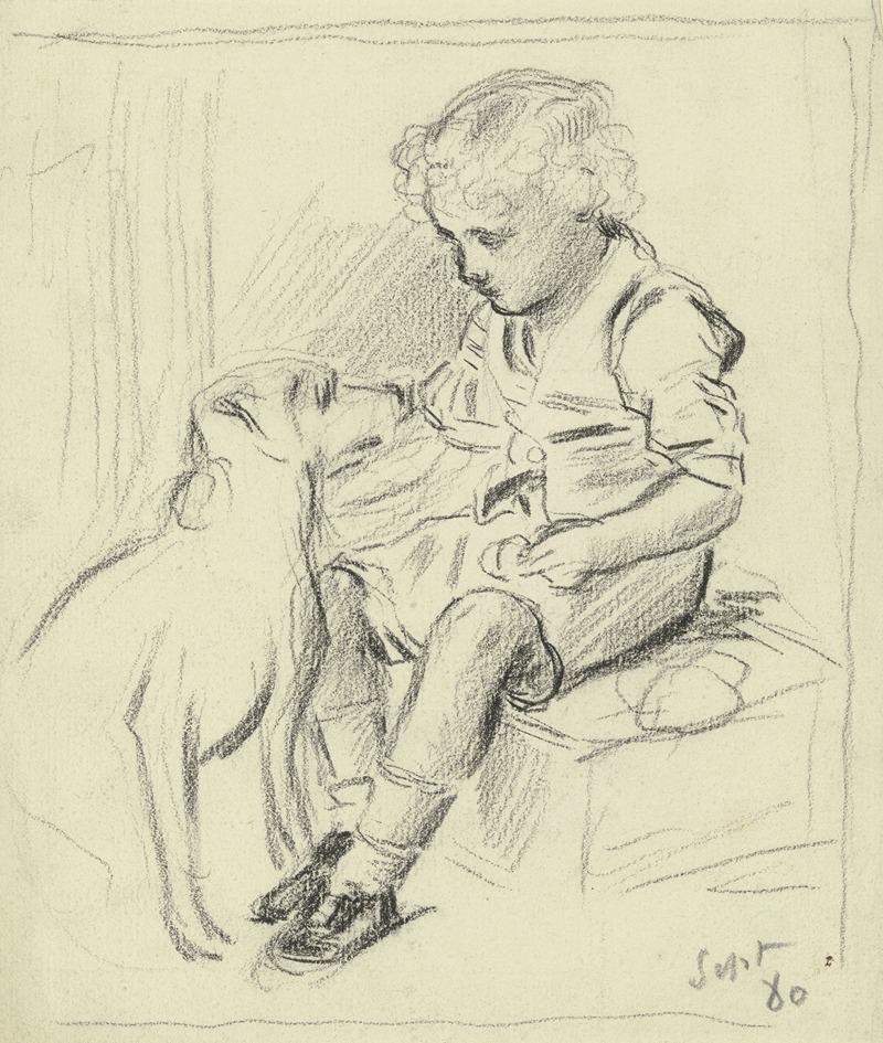 Otto Scholderer - Sitzender Knabe mit sitzendem Hund