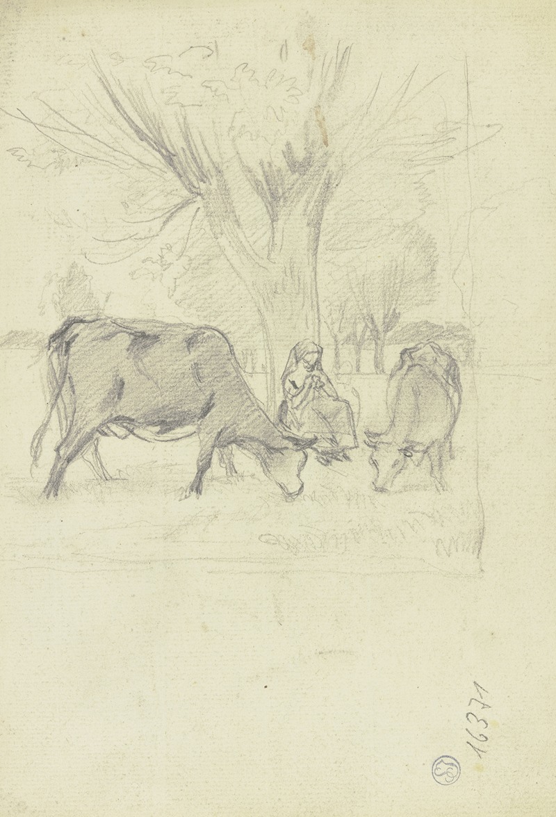 Otto Scholderer - Weidende Kühe mit Bäuerin