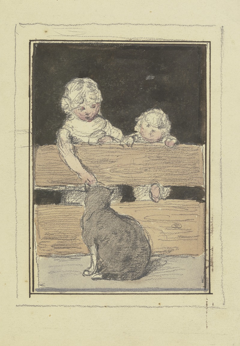 Otto Scholderer - Zwei Kinder am Zaun mit einer Katze