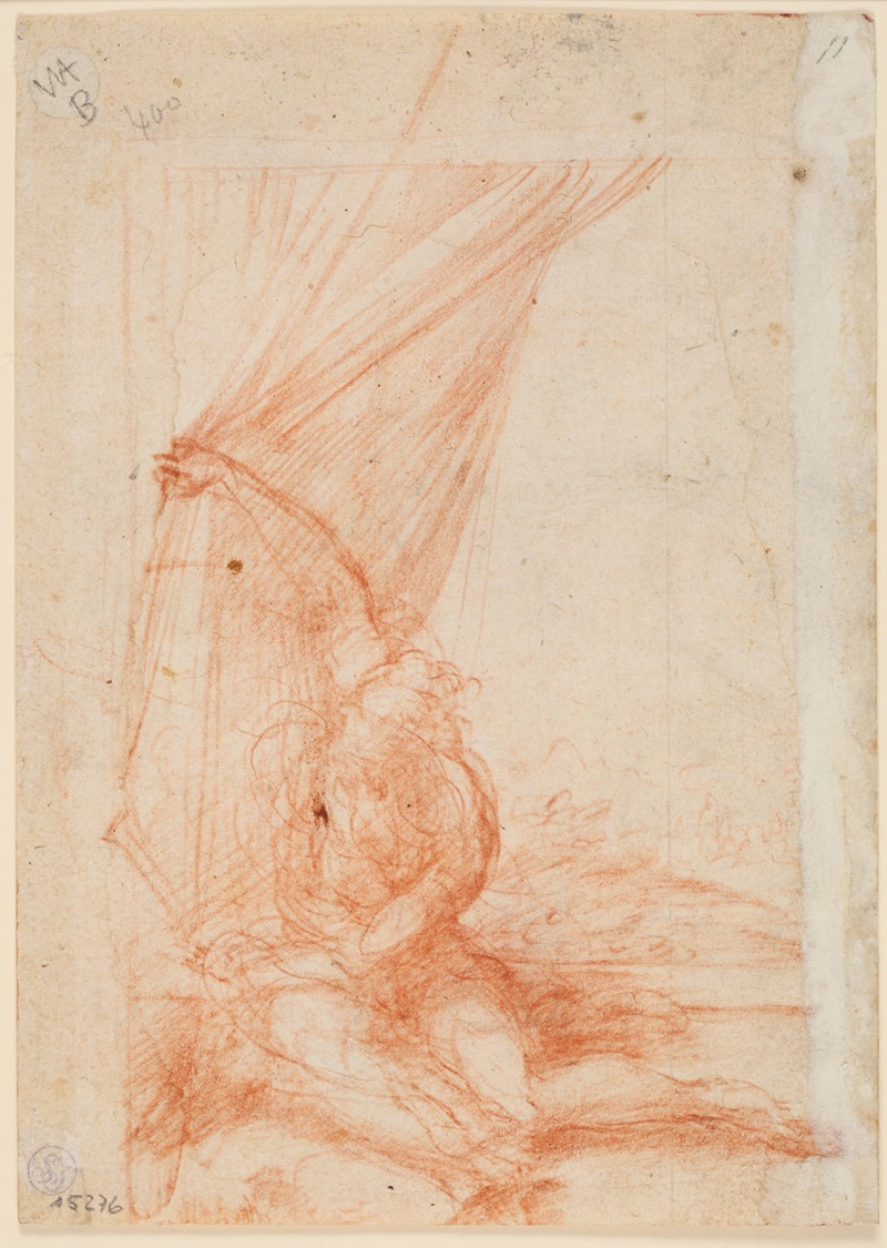Parmigianino - Sitzende Gestalt, die einen Vorhang beiseite schiebt