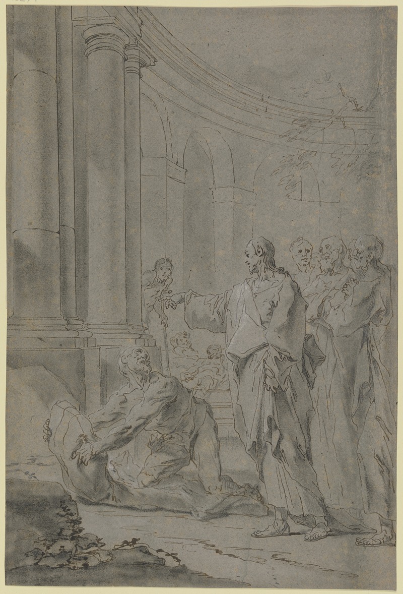 Paul Troger - Christus heilt den Lahmen; Christus mit den Jüngern steht in einem Säulenhof, vor ihm erhebt sich der Lahme von seinem Lager