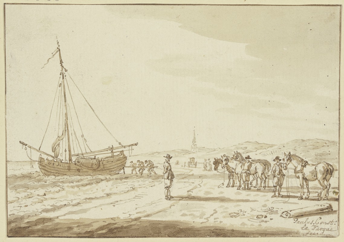 Paulus Constantijn la Fargue - Meeresstrand, Pferde stehen bereit, ein Schiff auf das Land zu ziehen