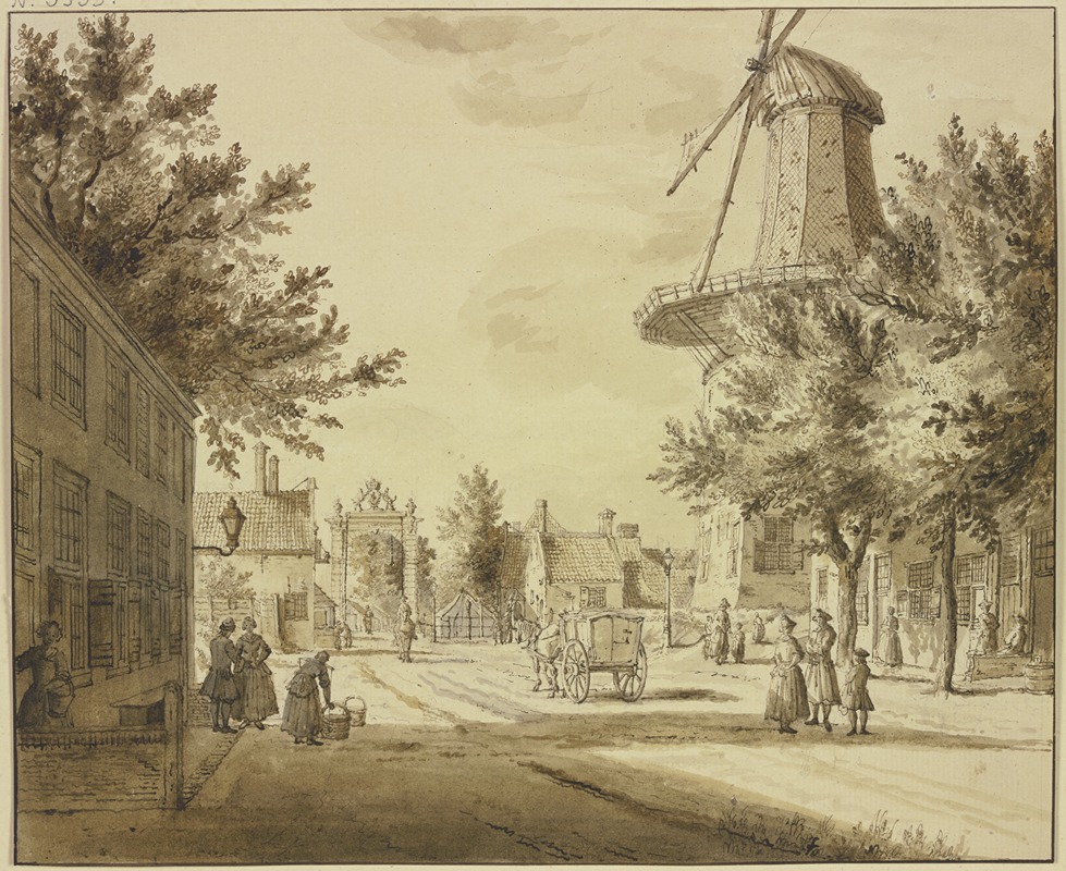 Paulus Constantijn la Fargue - Straßenansicht bei einem Stadttor, rechts eine Windmühle