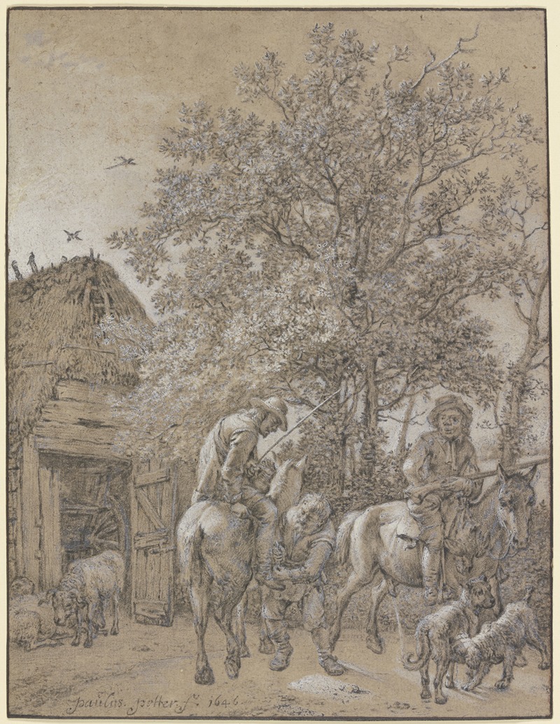 Paulus Potter - Vor einer Hütte halten zwei Reiter