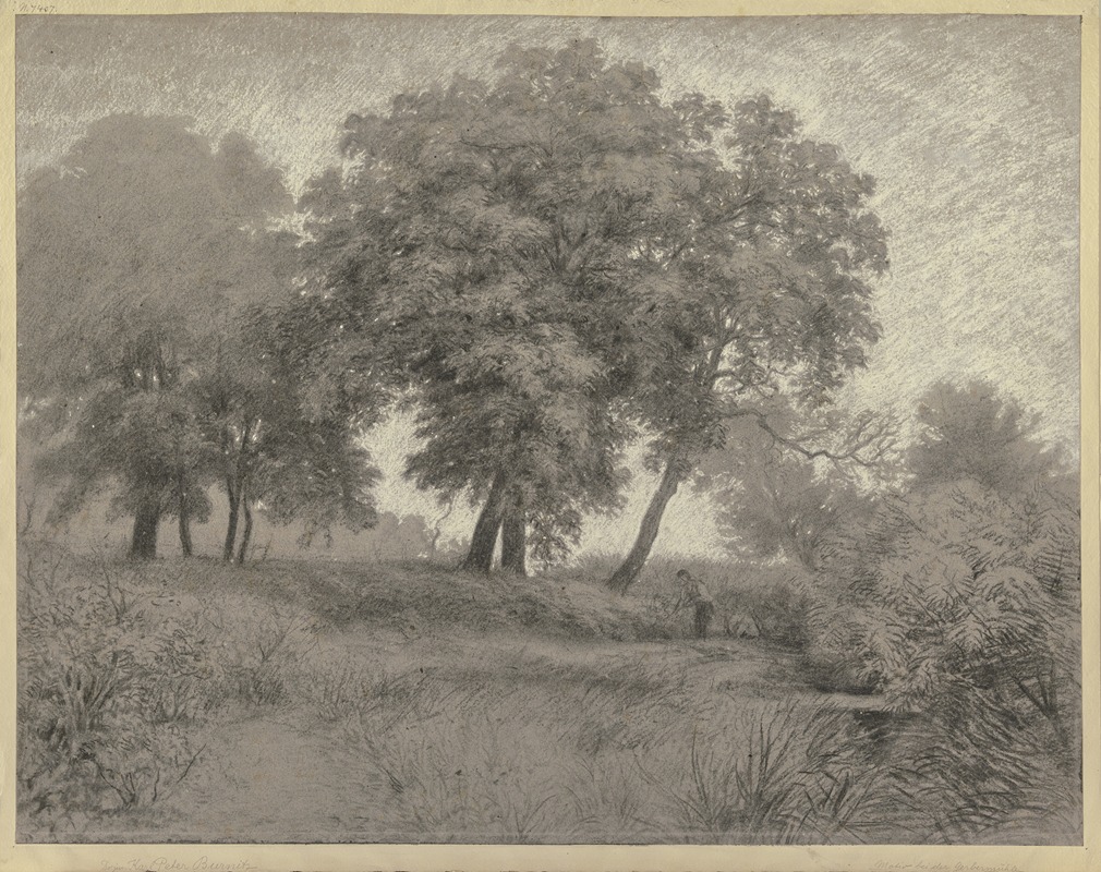 Peter Burnitz - Mann auf einer bei der Gerbermühle gelegenen Wiese unter hohen Bäumen mähend