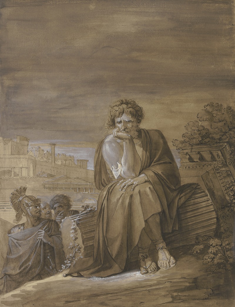 Philipp Friedrich Von Hetsch - Marius auf den Trümmern Karthagos, der Feldherr sitzt auf einer gestürzten Säule, links erscheinen drei Krieger in Halbfigur