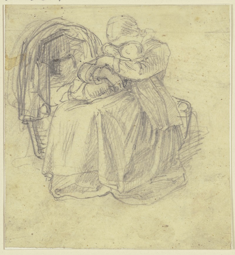 Philipp Rumpf - A girl sits by a cradle and holds a small child on her lap with both arms, their faces nestled together