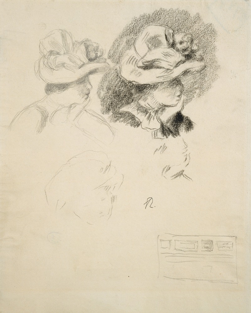 Pierre-Auguste Renoir - Studienblatt; Frau mit Hut und Skizze einer Bilderwand