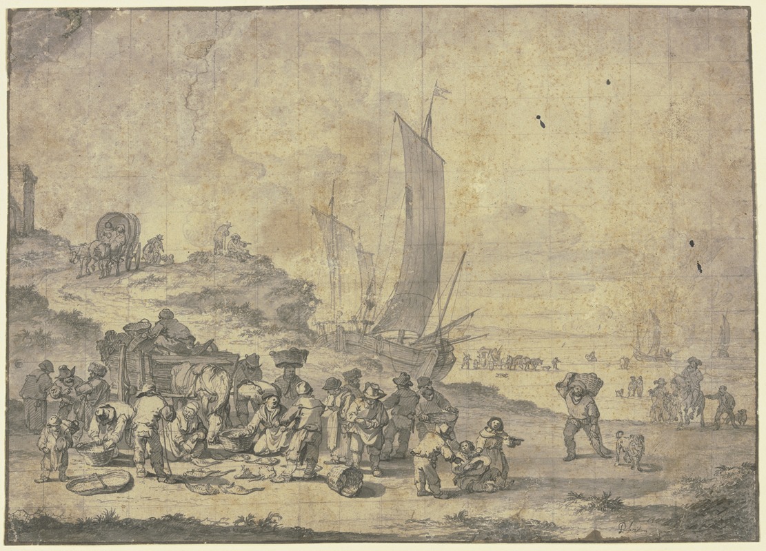 Pieter Bout - Strand bei Scheveningen, im Vordergrund Bauern und Fischhändler bei einem Karren, rechts Ausblick auf das Meer