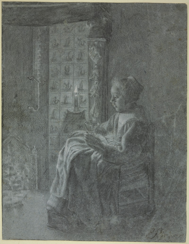Pieter Cornelisz van Slingelandt - Sitzende junge Frau bei Kerzenschein mit einem Glas in der Hand