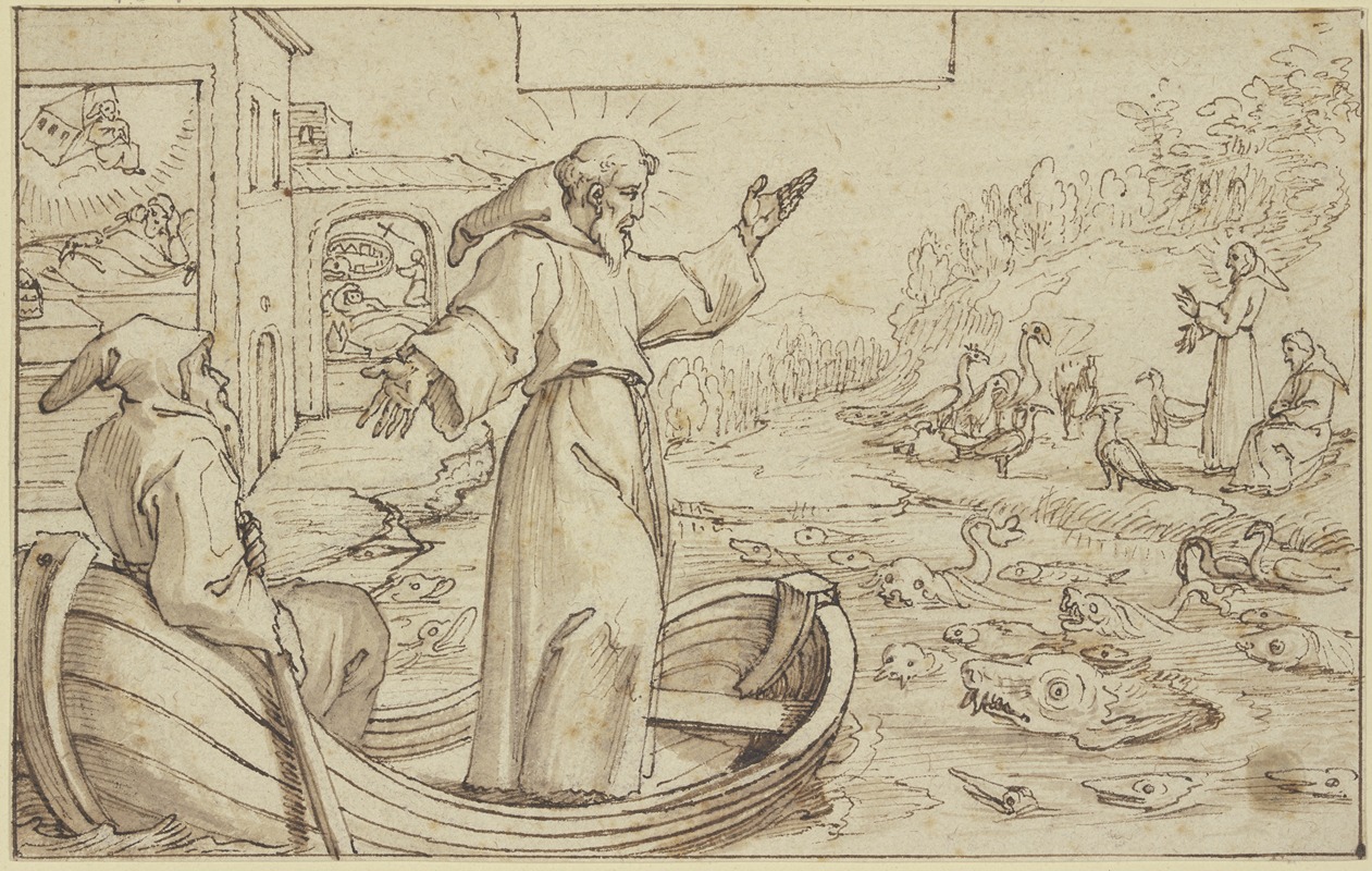 Pieter de Jode I - Der Heilige Franziskus predigt den Tieren, unterdessen träumt Papst Innozenz III. von der Rettung der Kirche durch den Heiligen