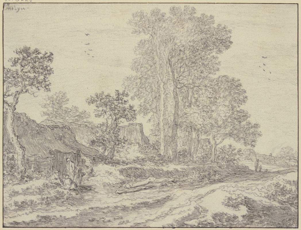 Pieter de Molijn - An einem Weg Hütten unter Baumgruppen, links eine Figurengruppe