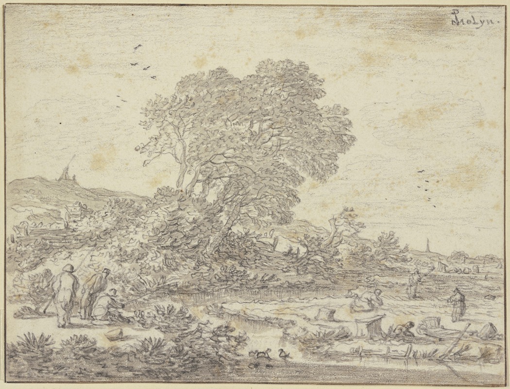 Pieter de Molijn - Baumpartie am Wasser, Leute sind auf dem Felde beschäftigt, links am Bach drei Angler