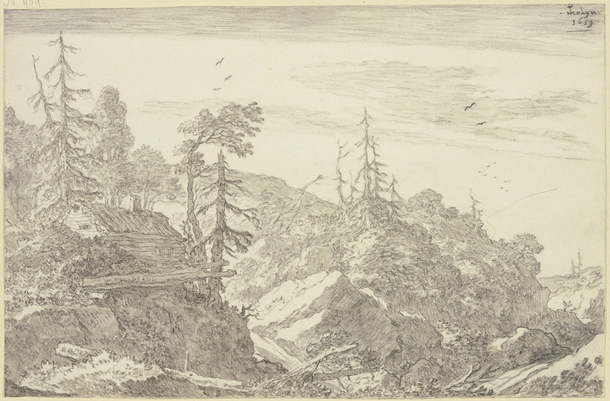 Pieter de Molijn - Felsige Gebirgsgegend mit Tannen, links auf einem Felsen ein Holzhaus
