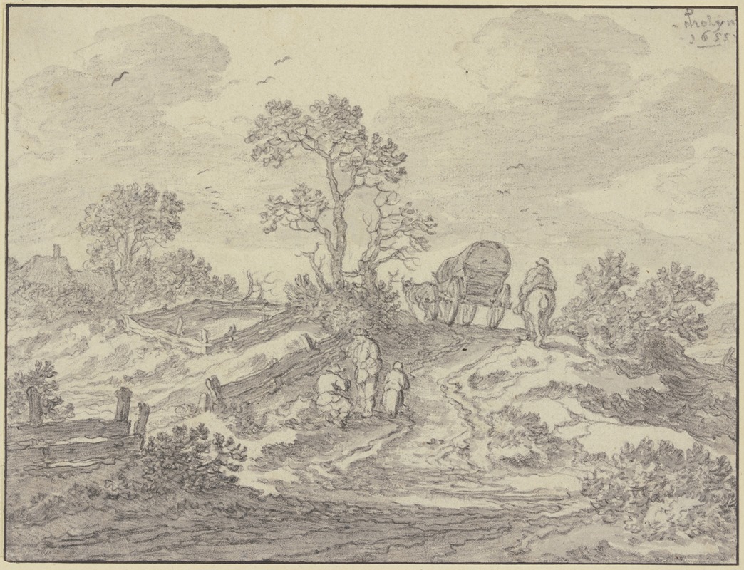Pieter de Molijn - Weg über einen Hügel mit einem Wagen und einem Reiter vorn drei Figuren