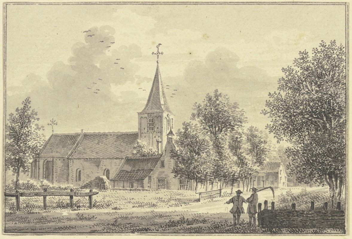 Pieter Jan van Liender - Kirche an der Landstrasse, rechts zwei Männer, der eine trägt eine Sense