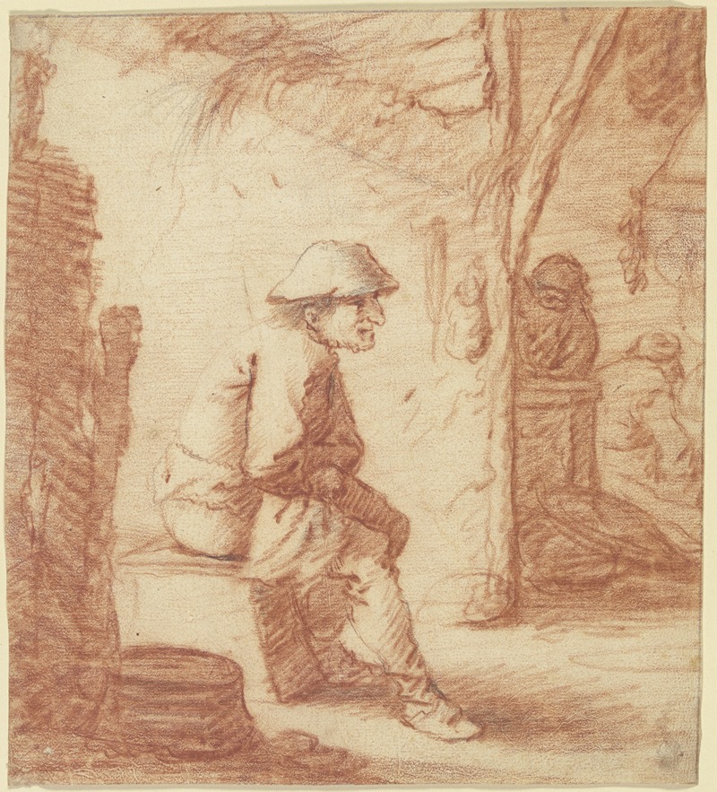 Pieter Jansz. Quast - Sitzender Mann, Aussicht auf Küche mit zwei Figuren