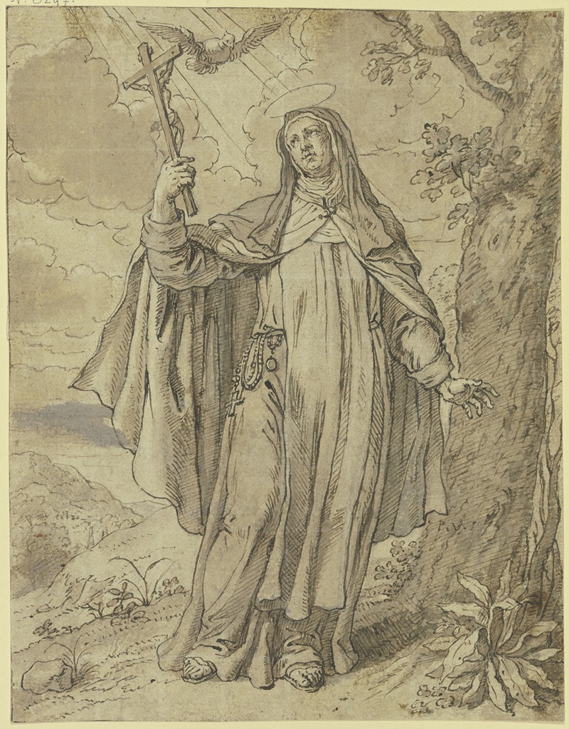 Pieter van Lint - Eine heilige Nonne hält das Kruzifix in der Hand, der Heilige Geist schwebt über ihr, rechts ein Baum