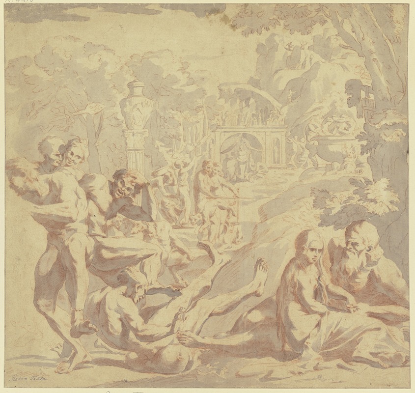 Pietro Testa - Bacchanal, rechts liebkost ein alter Mann ein Mädchen, links fällt ein Mann über einen Weinschlauch
