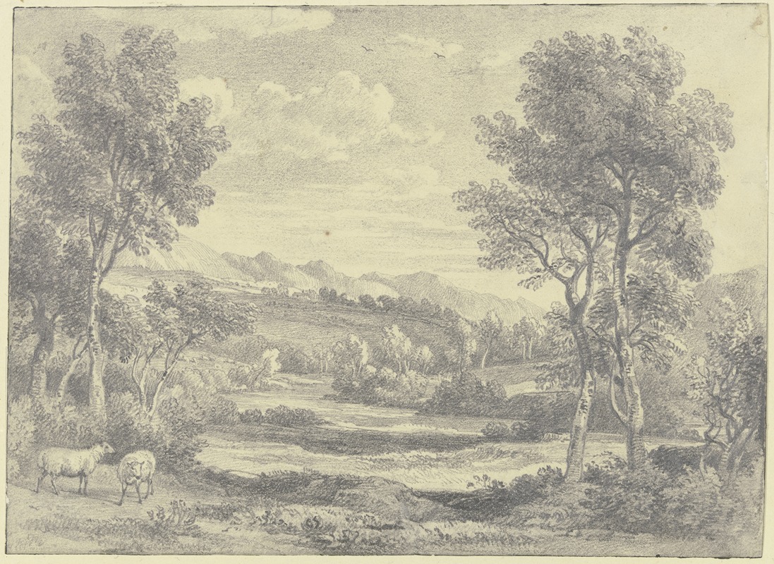 Ramsay Richard Reinagle - Baumreiche Landschaft mit zwei Schafen im Vordergrund