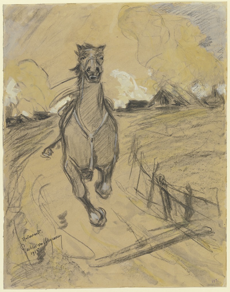 Reinhard Pfaehler von Othegraven - Gesatteltes reiterloses Pferd auf der Flucht, im Hintergrund ein brennendes Dorf
