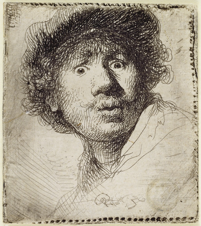 Rembrandt van Rijn - Self-Portrait in a cap, wide-eyed and open-mouthed