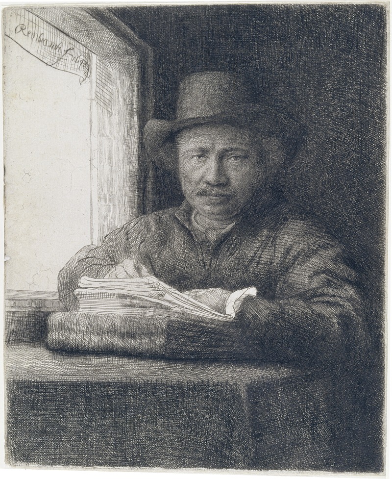 Rembrandt van Rijn - Self-Portrait etching at a window
