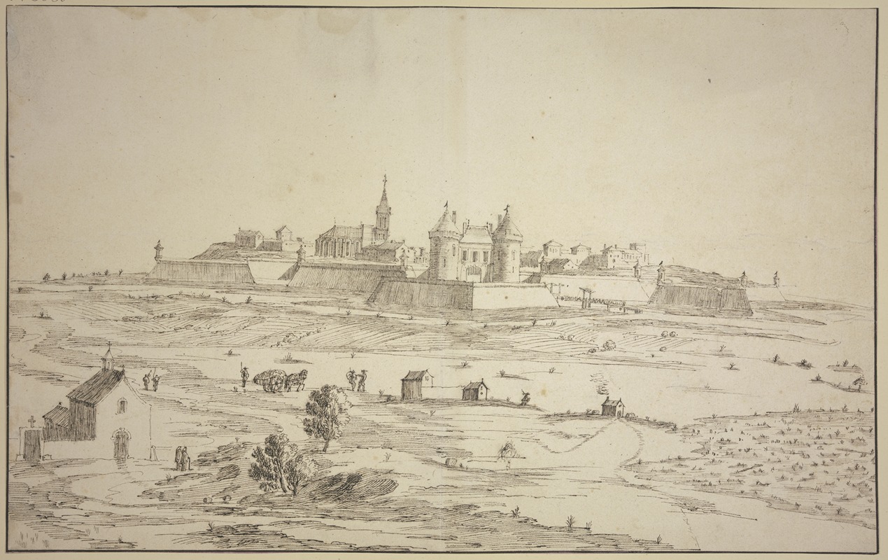 Robert van den Hoecke - Ansicht einer befestigten Stadt, links vorne eine Kapelle