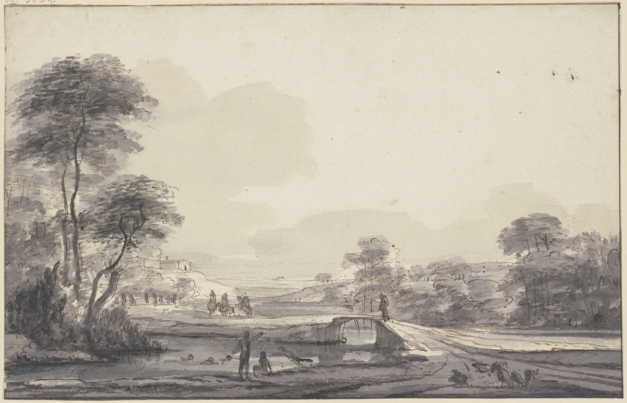 Roelant Roghman - Landschaft mit Bach und Brücke, im Wasser Badende