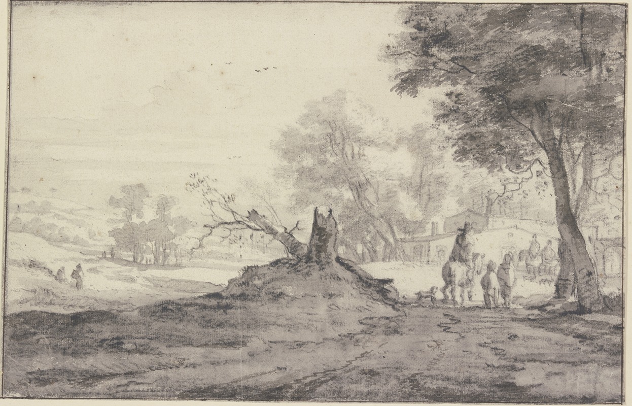 Roelant Roghman - Landschaft mit Bäumen und Häusern, in der Mitte die Reste eines abgehauenen Baumes, Reiter und Fußgänger