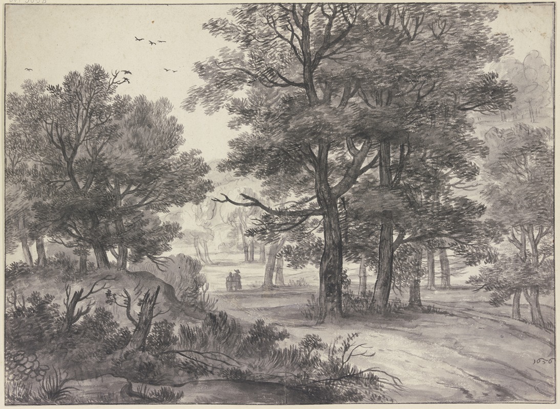 Roelant Roghman - Waldpartie, auf dem Weg zwei Figuren, links oben mehrere Raben