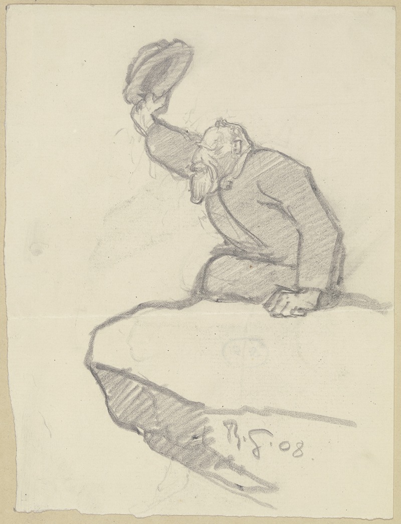 Rudolf Gudden - Alter Mann, von einem Felsvorsprung seinen Hut zum Gruße hebend