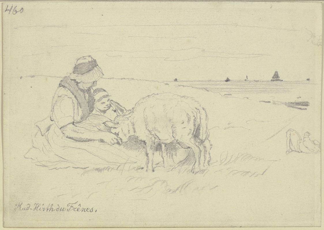 Rudolf Hirth du Frênes - Frau mit Kind und Schaf am Strand