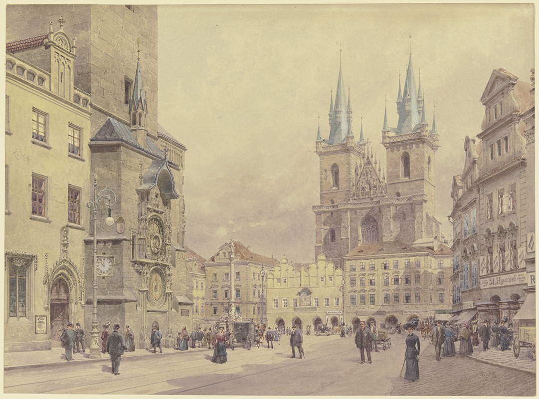 Rudolf von Alt - Blick auf die Teynkirche und die Mariensäule am Altstädter Ring zu Prag