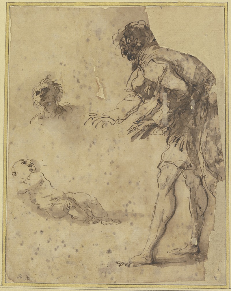 Salvator Rosa - A man looks down at an infant lying on the ground; above there is a head study