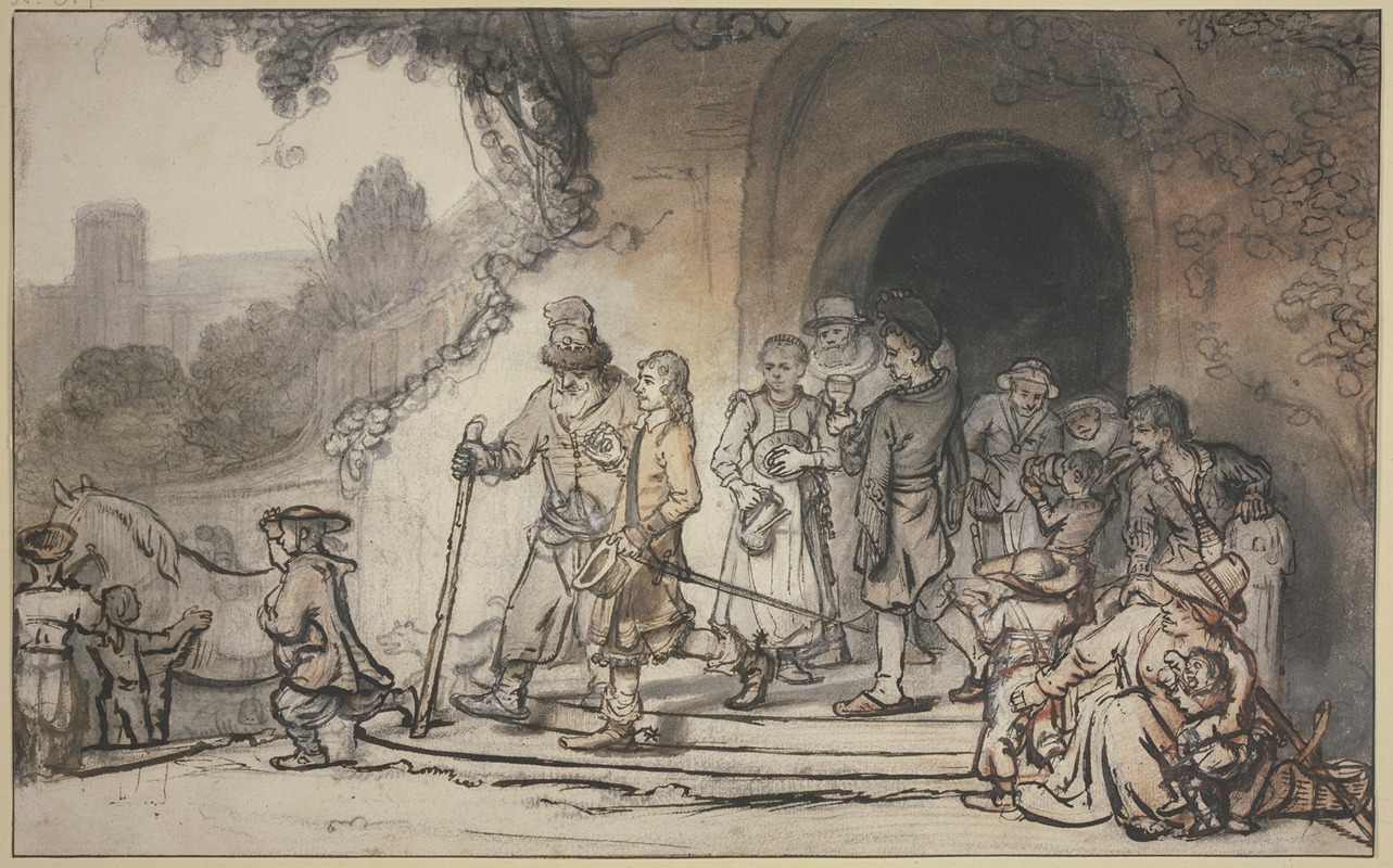 Samuel van Hoogstraten - Ein junger Mann, gestiefelt und gespornt, tritt begleitet von seinem alten Vater und seiner Familie aus einem Haus, im Hintergrund halten Diener sein Pferd