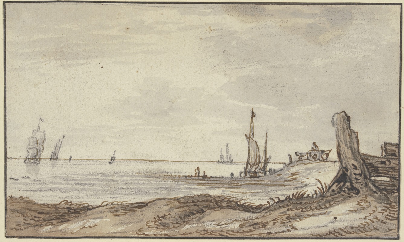 Simon de Vlieger - Meeresstrand mit ruhiger See, rechts im Mittelgrunde hält ein Wagen, sieben Segel in Sicht