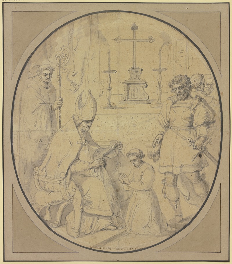 Theodoor Rombouts - Ein junger Geistlicher mit Heiligenschein wird von einem Bischof mit einem Gewand bekleidet, rechts ein Krieger mit einem Schwert