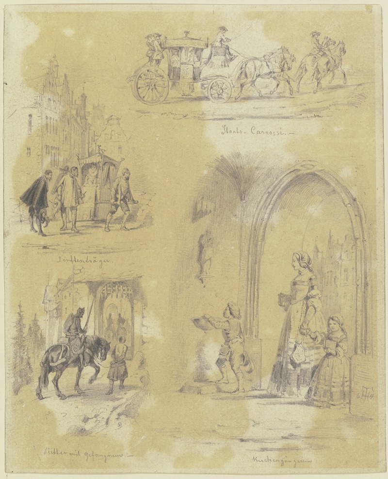 Theodor Hosemann - Studienblatt; eine Staatskarosse, Sänftenträger, ein Ritter mit seinem Gefangenen, Kirchgänger