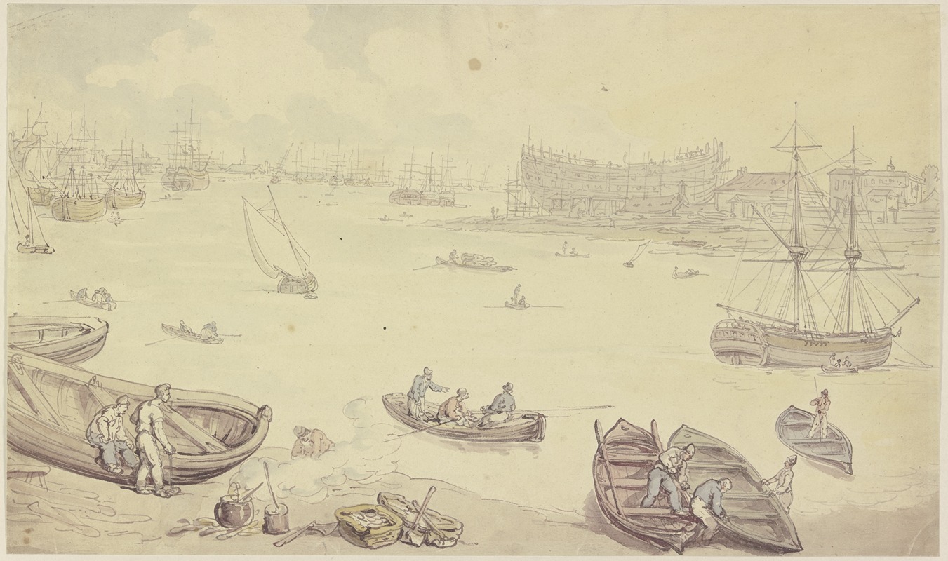 Thomas Rowlandson - Fluß mit vielen Schiffen und einer Werft