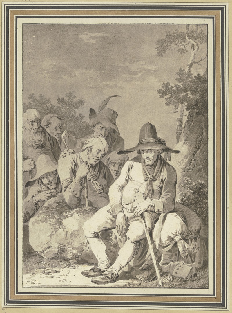 Tiberius Dominikus Wocher - Sitzender Bauer mit großem Hut, bei seinem Gepäck rastend, und sechs Begleiter