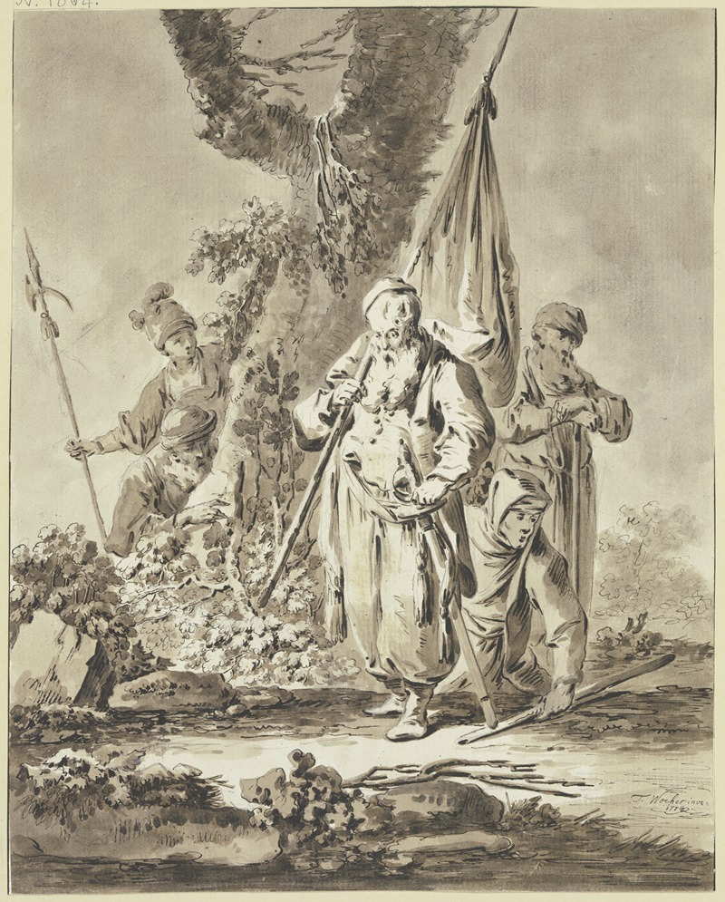 Tiberius Dominikus Wocher - Ein alter Mann mit Fahne und Degen sowie zwei weitere Figuren